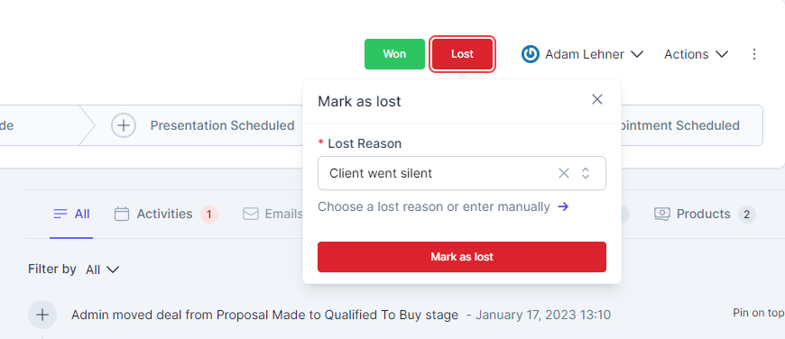 Mark Deal as Lost